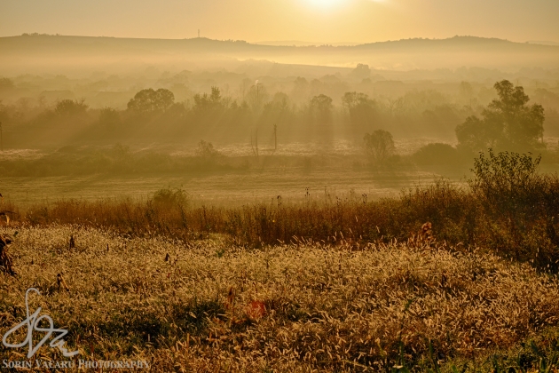 Sun rising over the Romanian countryside on a foggy October morning
